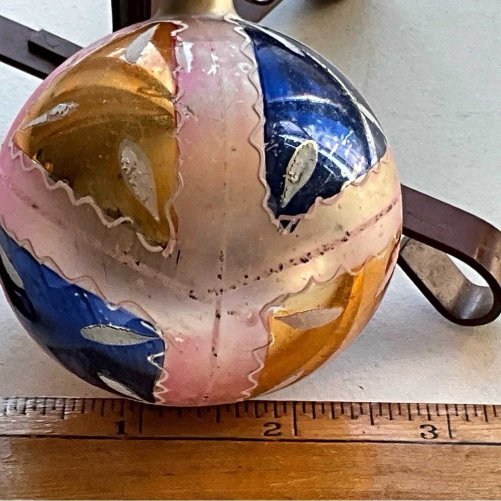 Vintage Mercury(?) Glass Christmas Ornament Hand Painted Blue and Pink